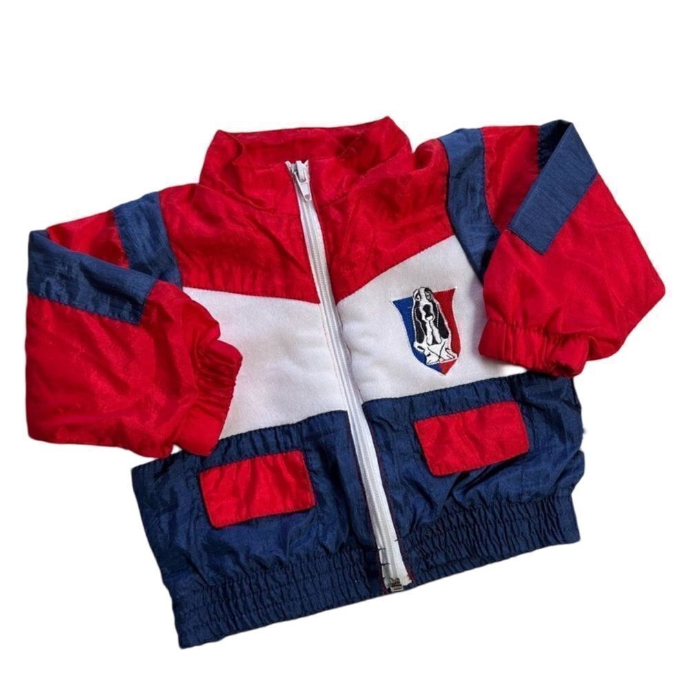 Retro 1990s Red White Blue Puppy Nylon Windbreaker Track Jacket